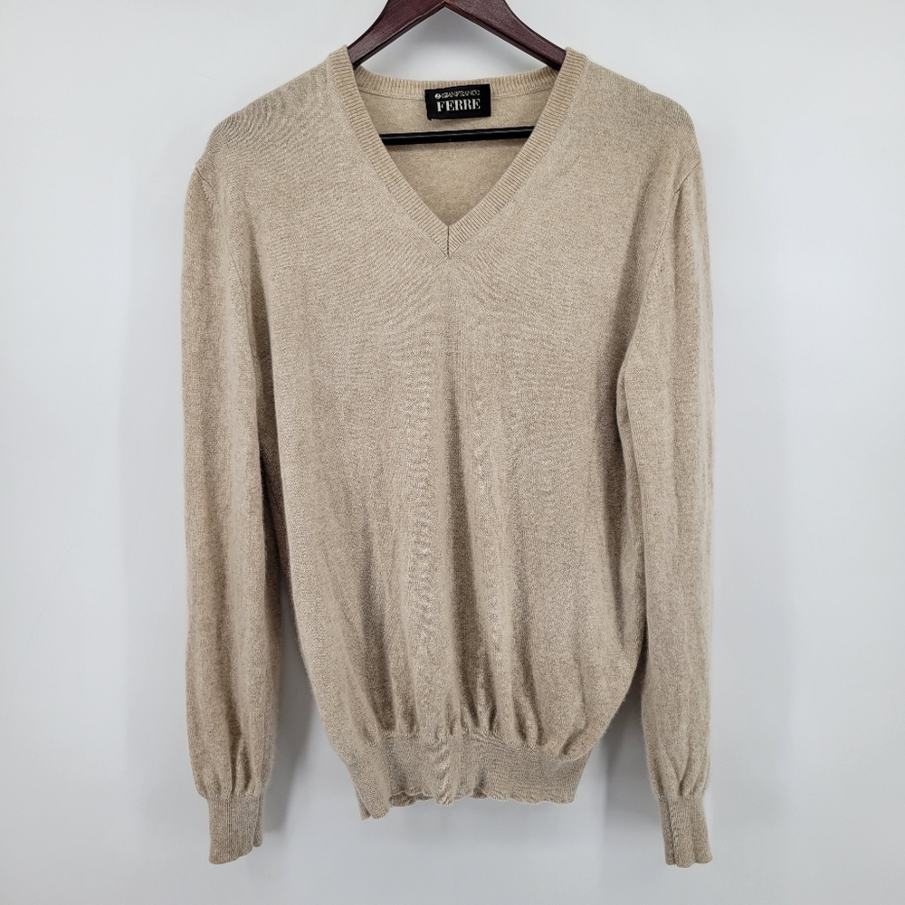 Gianfranco Ferre Cashmere Silk Blend Cream V Neck Sweater Size Medium